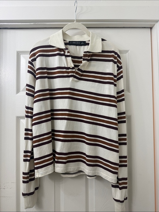 Lioness Tops - Lioness Cream, Brown & Dark Brown Striped Long-Sleeve Polo